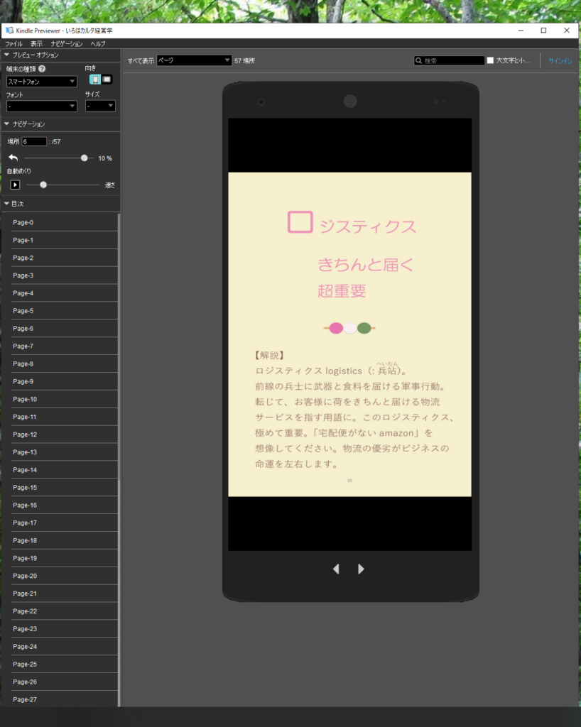 KDP(Amazon Kindle Direct Publishing)が、AmazonのKindleで出している電子書籍の品質チェック用に無償提供している Kindle Previewer 3.34 のチェック。対象の本は『いろはカルタ経営学』。表示モードは「スマートフォン」です。