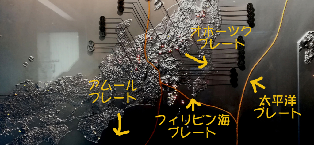 国立科学博物館で撮影した展示物です。日本列島を支える4つのプレートが写っています。 左から。西日本を乗せたアムールプレート、東日本を乗せたオホーツクプレート、 伊豆半島を乗せたフィリピン海プレート、一番東の線の外が太平洋プレートです。 矢嶋ストーリーのブログ「矢嶋ストーリーnews」の「『日本沈没』で地球に目覚める」の 文中に出てくる写真です。