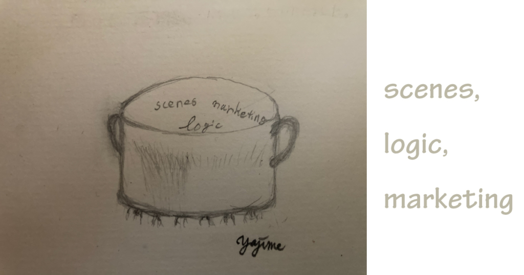 矢嶋剛の『マーケティング・ストーリーなブログ』より「映画と論文とマーケティング。３つを混ぜてみました。」の記事のOGP画像です。鍋のスケッチ画です。火にかけてある鍋の内側に、logic、scenes、marketingの文字が描かれてています。This picture is a sketch drawing of a pot. The words logic, scenes, and marketing are drawn inside the hot pot. It designed by Takeshi Yajima.