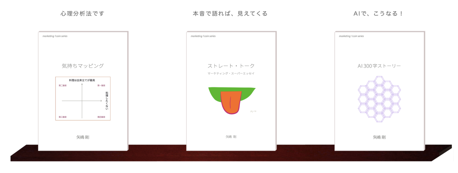 白い壁に取り付けたウォールシェルフの上に、こちらに表紙を向けて３つの本が並んでいます。『気持ちマッピング』『ストレート・トーク：マーケティング・スーパーエッセイ』『AI 300字ストーリー』の表紙です。これらは矢嶋ストーリーから出ているマーケティング・１コイン・シリーズの第10巻、第11巻、第12巻です。著者は３冊とも矢嶋剛 Yajima, Takeshiです。