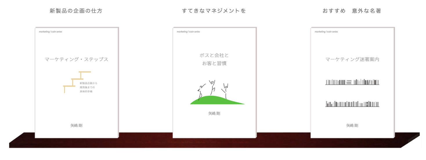 白い壁に取り付けたウォールシェルフの上に、こちらに表紙を向けて３つの本が並んでいます。『マーケティング・ステップス：新製品企画から発売後までの具体的手順』『ボスと会社とお客と習慣』『マーケティング迷著案内』の表紙です。これらは矢嶋ストーリーから出ているマーケティング・１コイン・シリーズの第13巻、第14巻、第15巻（最終巻）です。著者は３冊とも矢嶋剛 Yajima, Takeshiです。